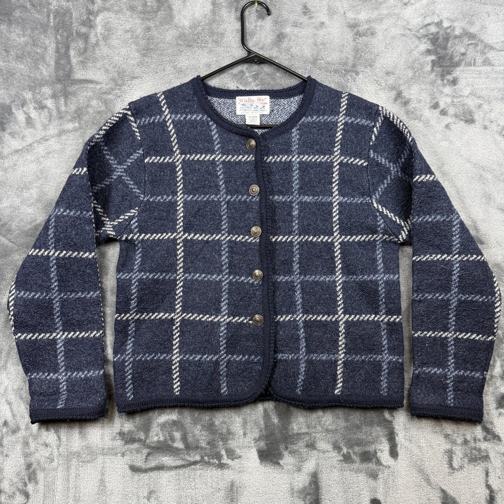 Tally-Ho Cardigan Sweater Womens Medium Blue Plaid Wool Button Front Vintage
